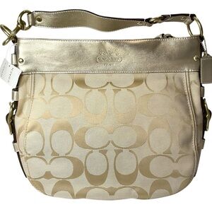 Coach Beige Signature Canvas Hobo with Metallic Trim